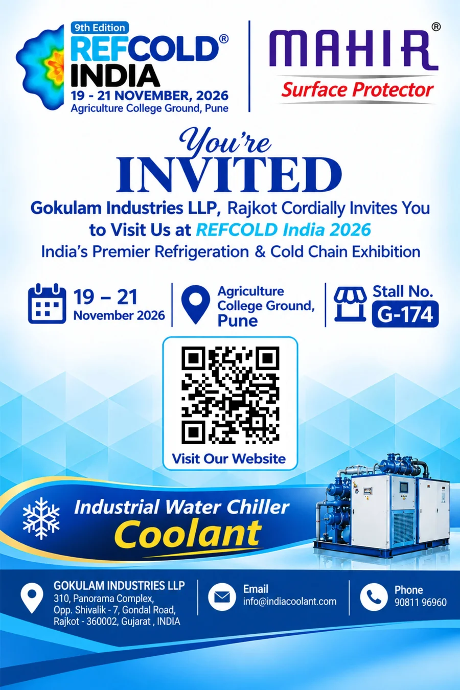 You're invited: visit Gokulam Industries LLP (Mahir Surface Protector) at REFCOLD India 2026, 19–21 November 2026, Agriculture College Ground, Pune, Stall No. G-174